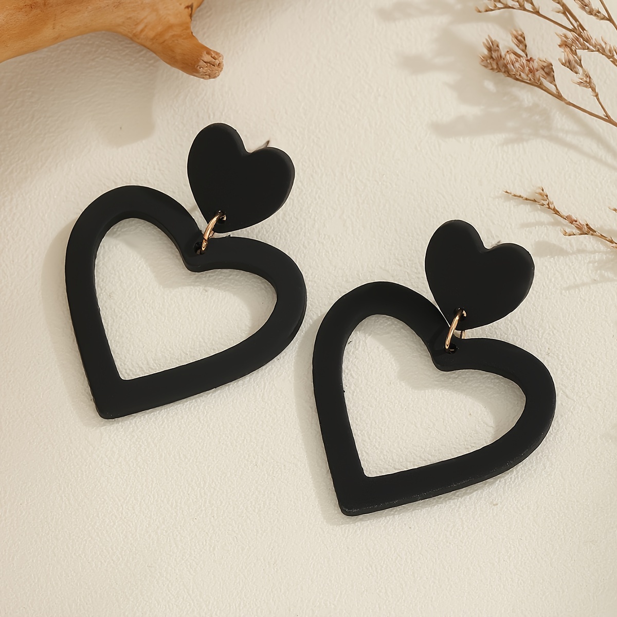 Women's Black Hollow Heart Design Dangle Earrings, Valentine's Gift